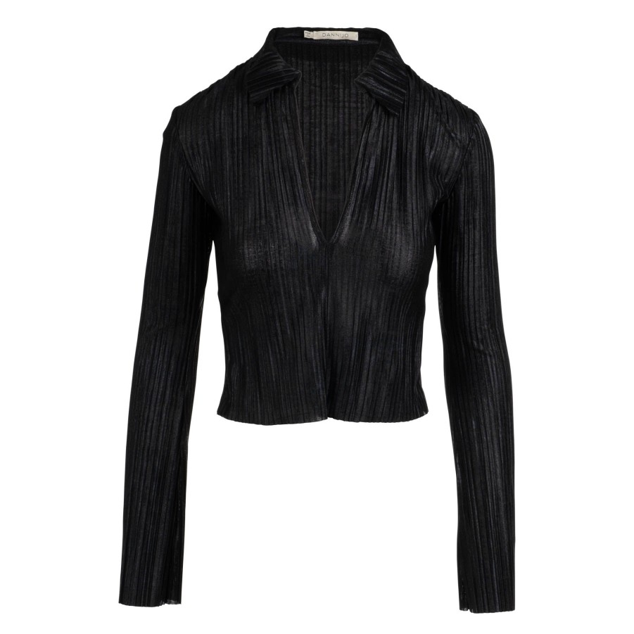 DANNIJO Noir Long Sleeve Pleated Polo Top Tops