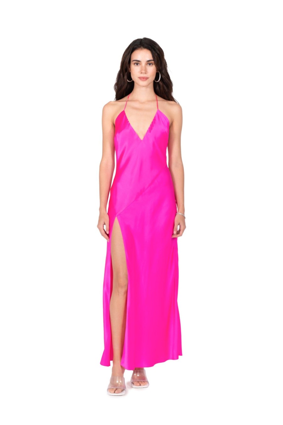 DANNIJO Hot Fuchsia High Slit Deep V Halter Maxi Dresses