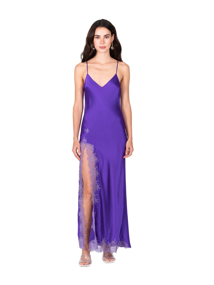 DANNIJO Ultra Violet Lace Applique High Slit Tea Length Slip Dresses