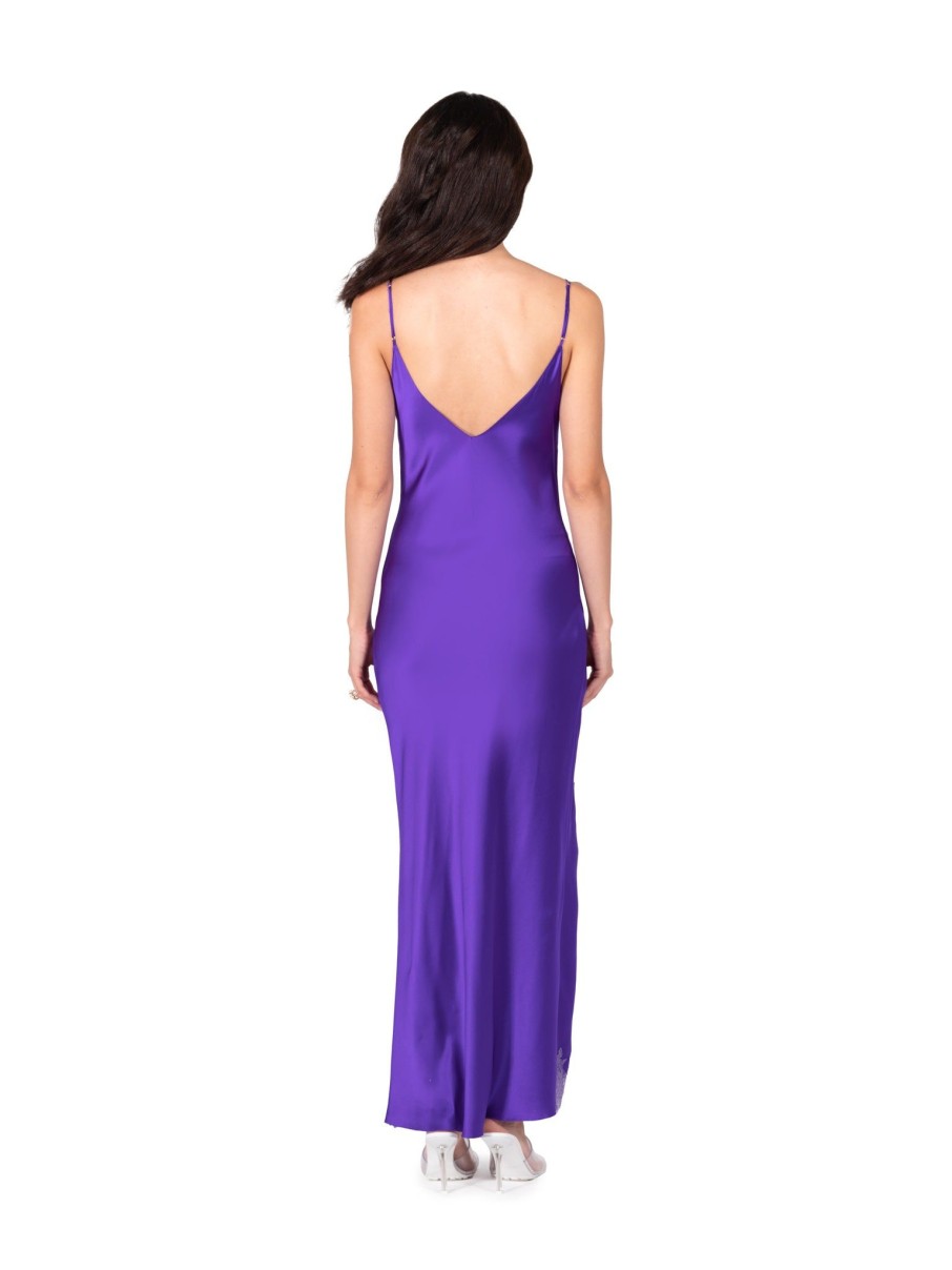 DANNIJO Ultra Violet Lace Applique High Slit Tea Length Slip Dresses