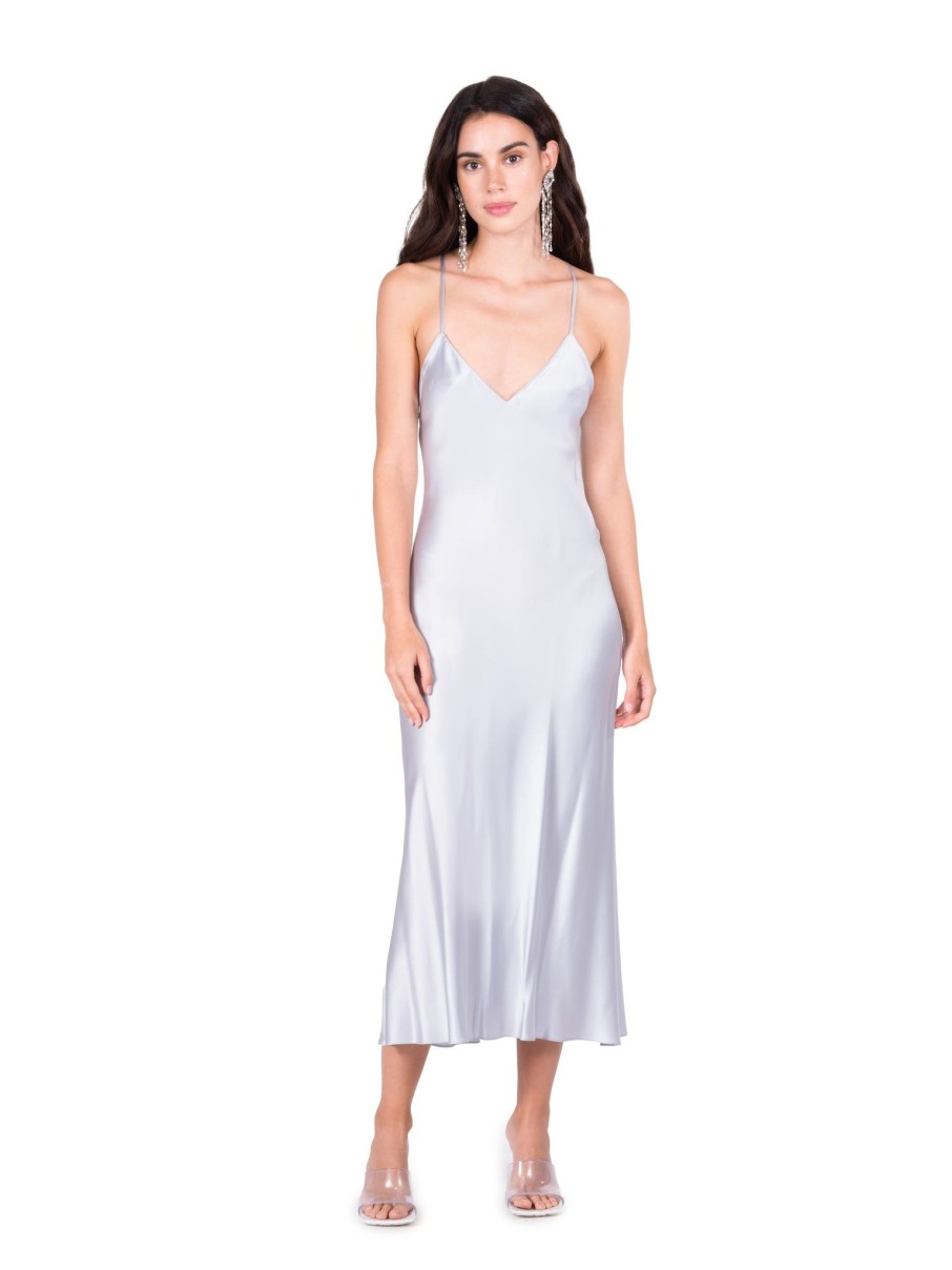 DANNIJO Silver Blue Open Back Cross Strap Midi Slip Dress Dresses