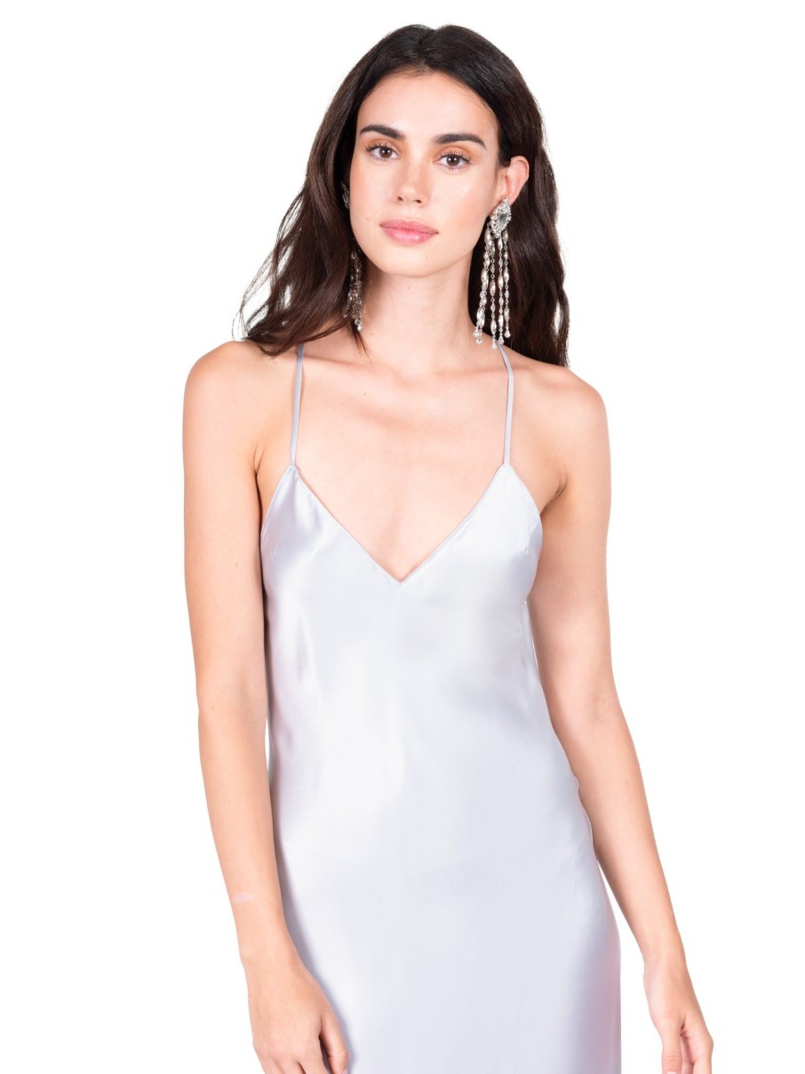 DANNIJO Silver Blue Open Back Cross Strap Midi Slip Dress Dresses