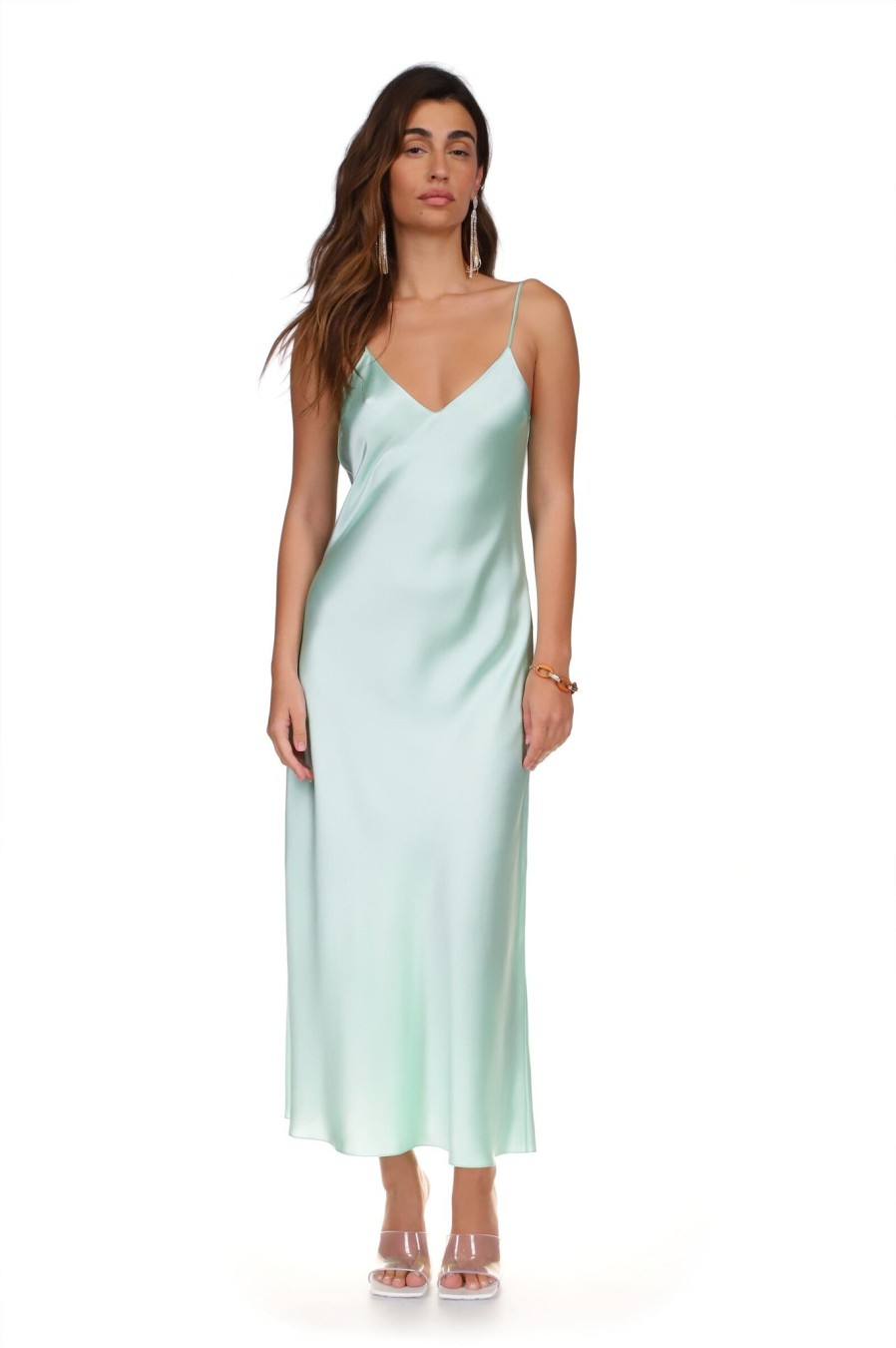 DANNIJO Mint Tea Length Bias Slip Dresses