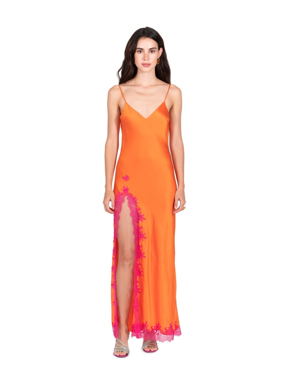 DANNIJO Tangerine Lace Applique High Slit Tea Length Slip Dresses