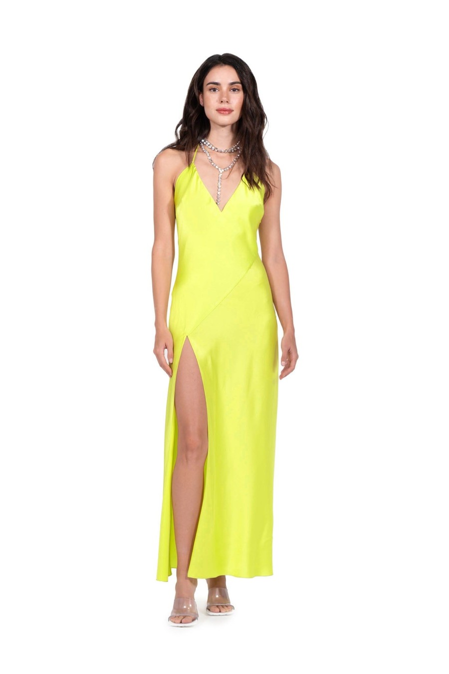 DANNIJO Chartreuse High Slit Deep V Halter Maxi Dresses