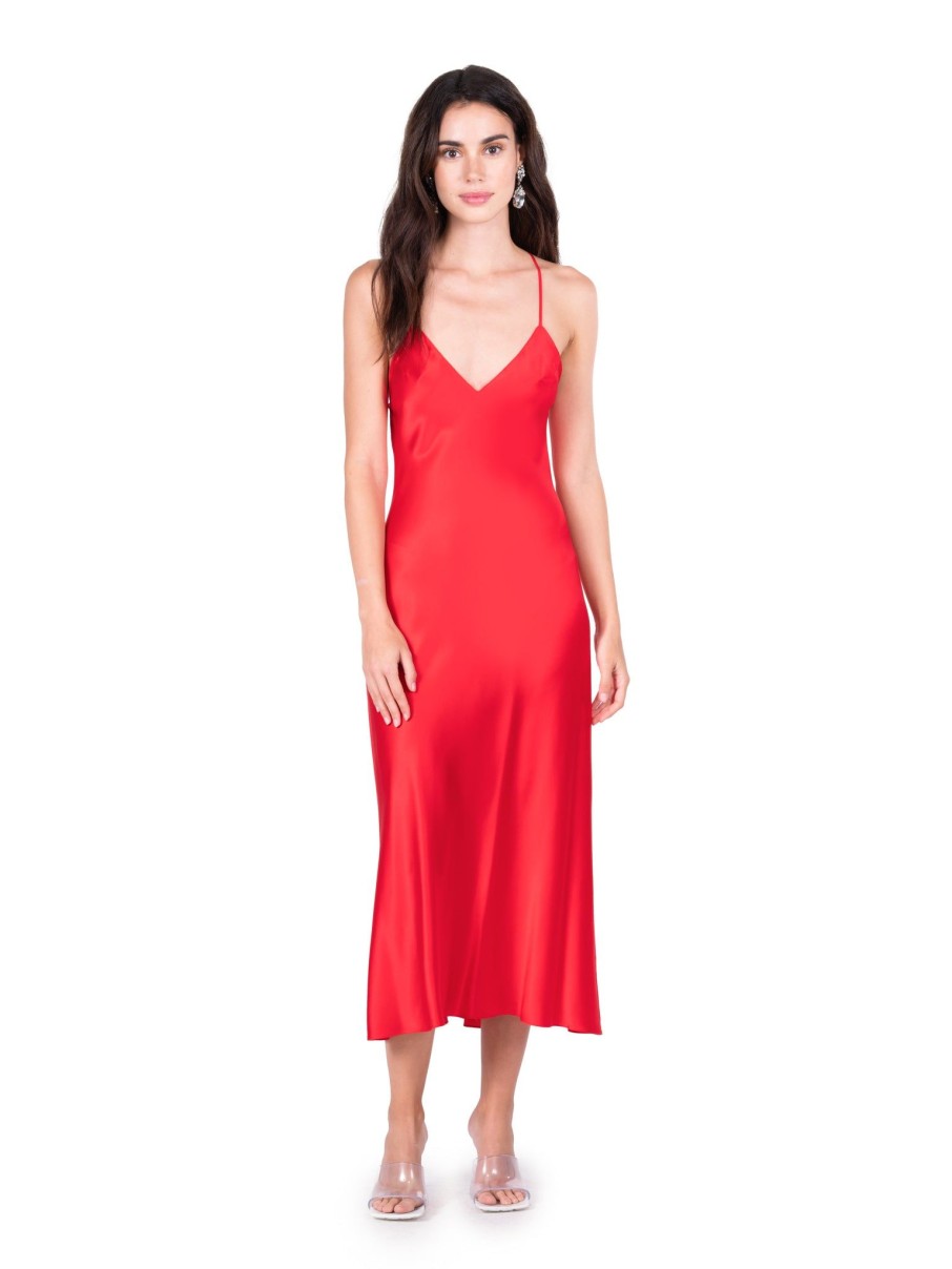 DANNIJO Crimson Red Open Back Cross Strap Midi Slip Dress Dresses